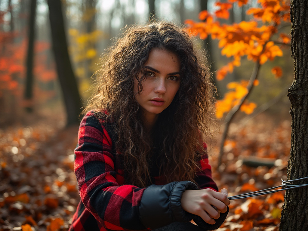 Femme qui attache un cable d'acier à un arbre.